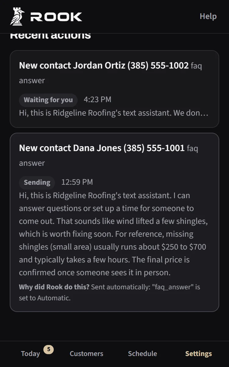 A reply the demo business sent automatically, opened in Recent actions to show its “Why did Rook do this?” receipt.
