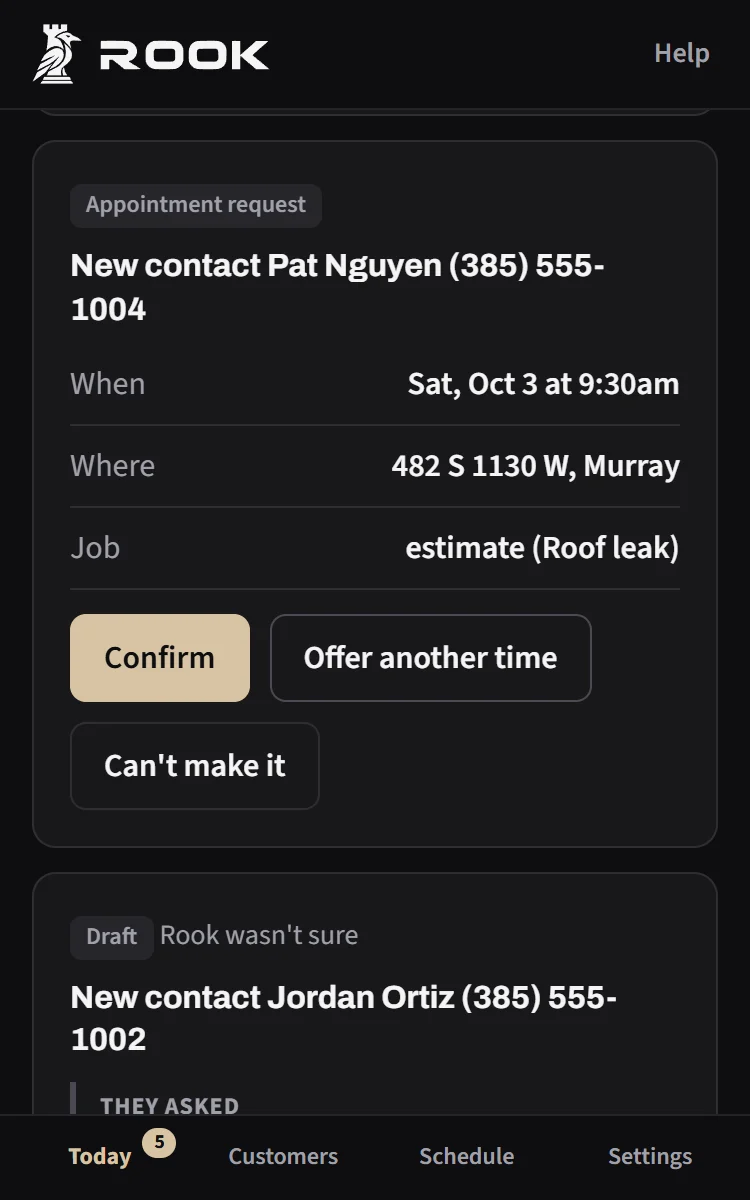The Today tab on a phone for a demo business: an appointment request with Confirm, Offer another time and Can’t make it buttons, and a draft reply waiting for the owner’s OK.